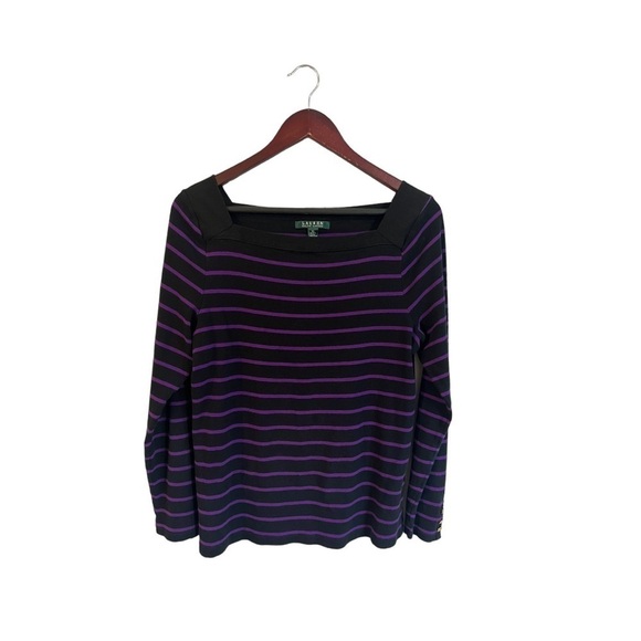 Lauren Ralph Lauren Square Neck Shirt XL Long Sleeves Black Purple - Picture 2 of 7